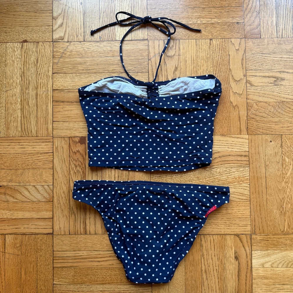 Vintage Esprit Navy Blue and White Polka Dot Halter Midi Bikini Set - Picture 2 of 5